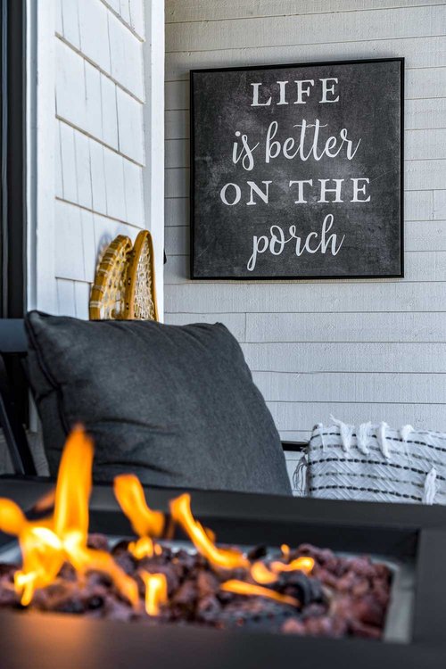 A fire pit on the front porch of a house in Wasaga Beach, Ontario.
